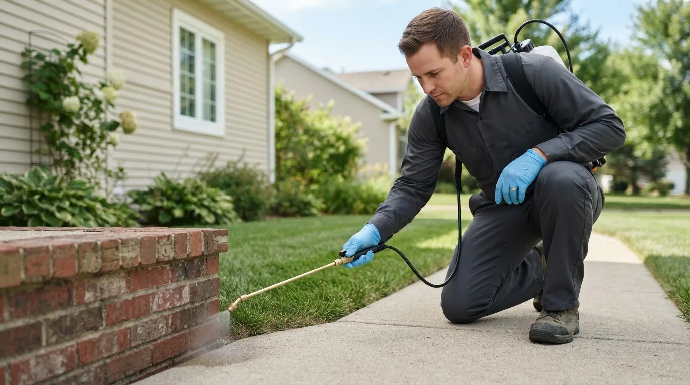 Pest control technician treating a home near Lane City, TX