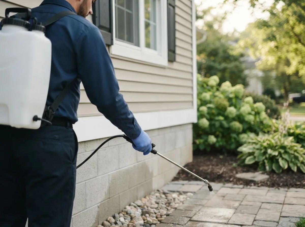 Pest control technician inspecting a home in Lane City, TX